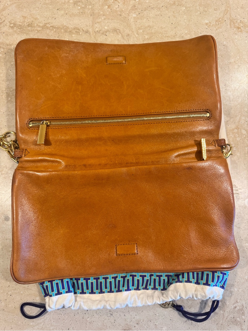 Tory Burch Cognac Leather Fold over Clutch Chain Bag - Picture 4 of 5